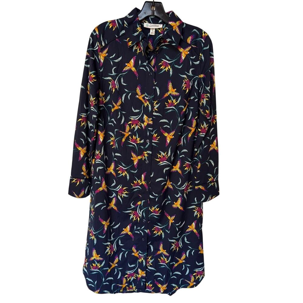 Coolibar UPF 50+ Button Down Tropical Print Parrot Shirt Dress Cover Up size M